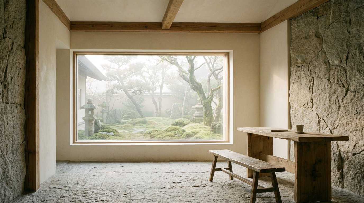Minimalist architectural interior looking out to a serene garden