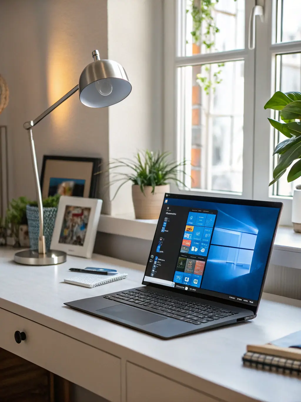 A photograph of a well-organized desk with a minimalist design, featuring a laptop displaying GDPR compliance guidelines and a notebook with handwritten notes about data privacy.