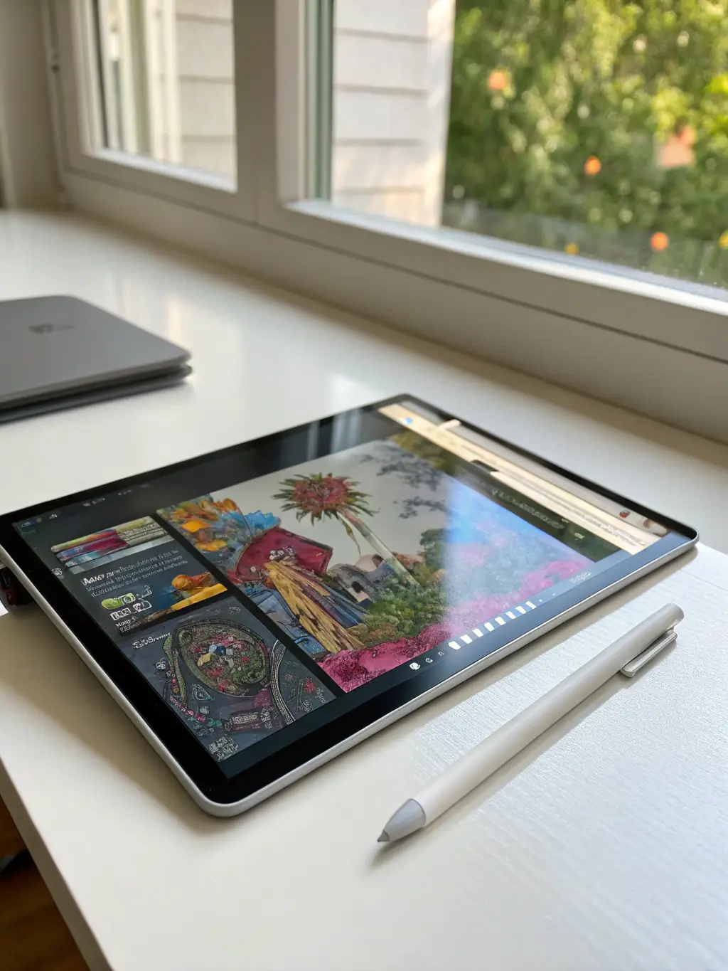 A close-up of a beautifully written project description on a sleek digital device, surrounded by design sketches, representing Hello Pigeon's copywriting services.